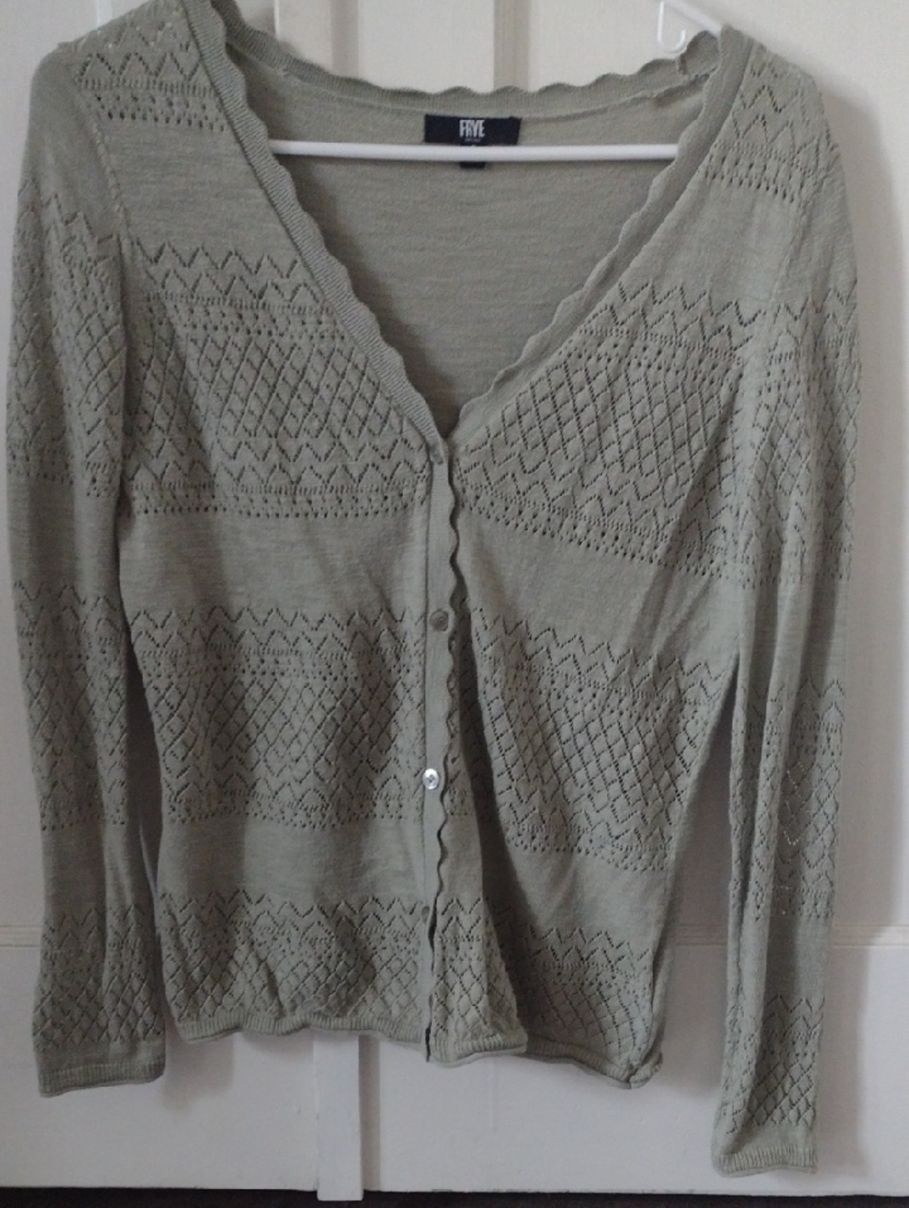 Frye Sage Green Pointelle Scalloped V-Neck Cardigan